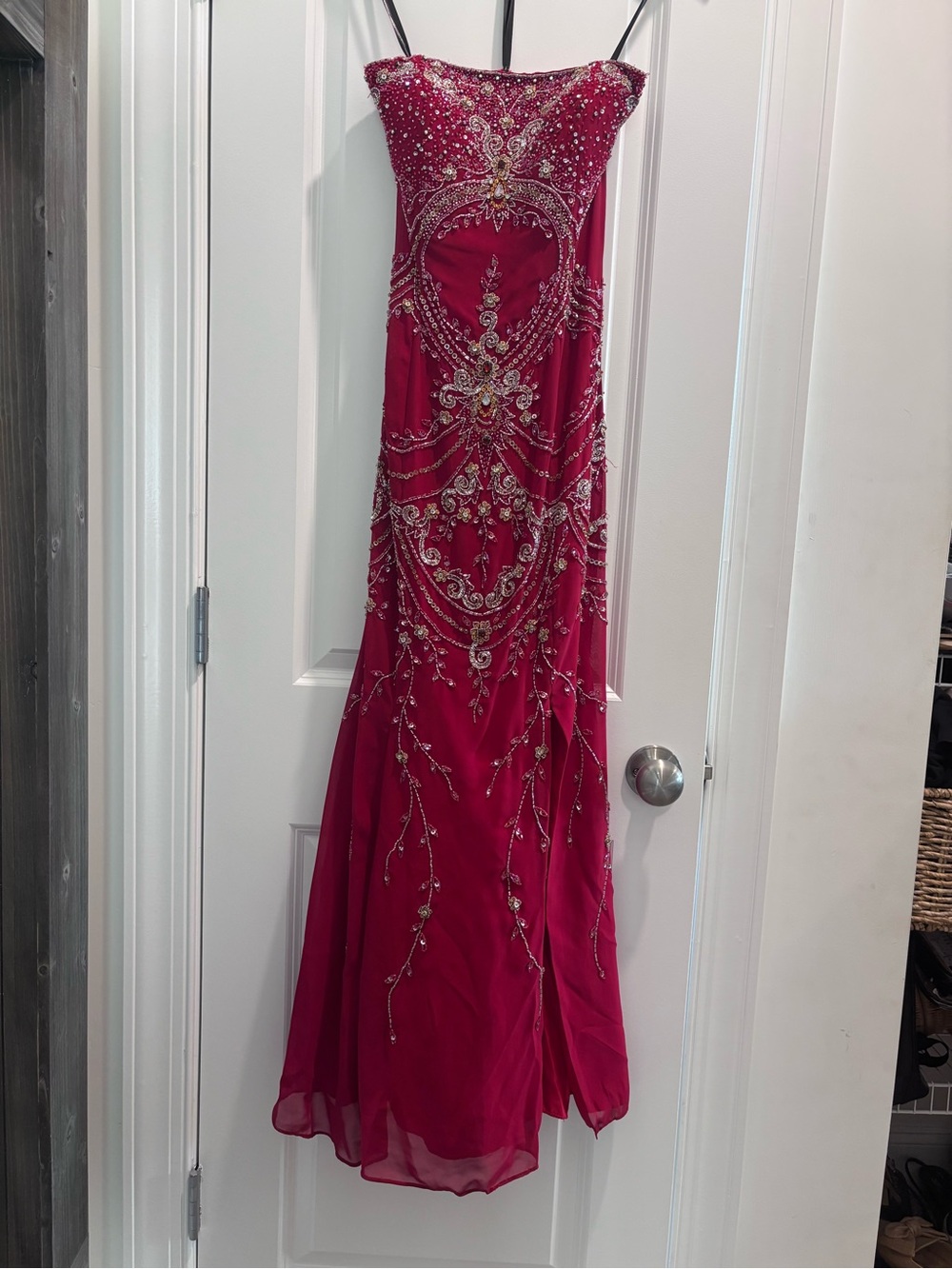 Riva Designs Beaded Strapless Red Evening Gown